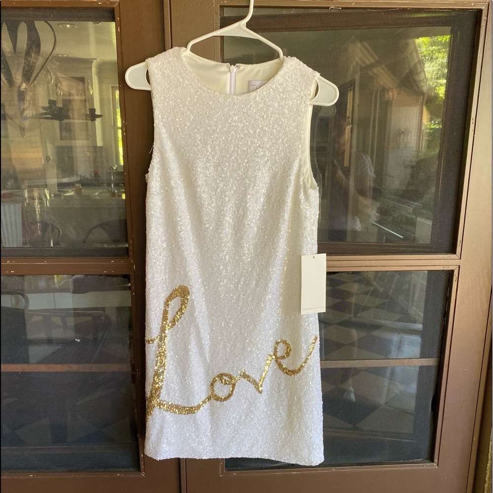 Theia White Dress with Gold 'Love' Sequin Script